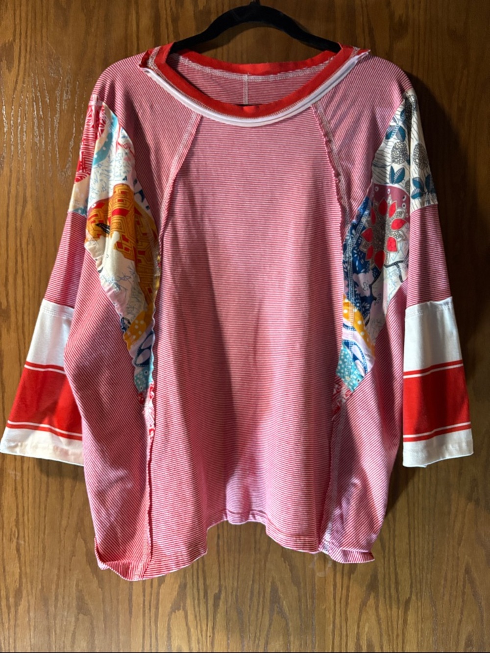 Boutique Red Striped Patchwork-Sleeve Top